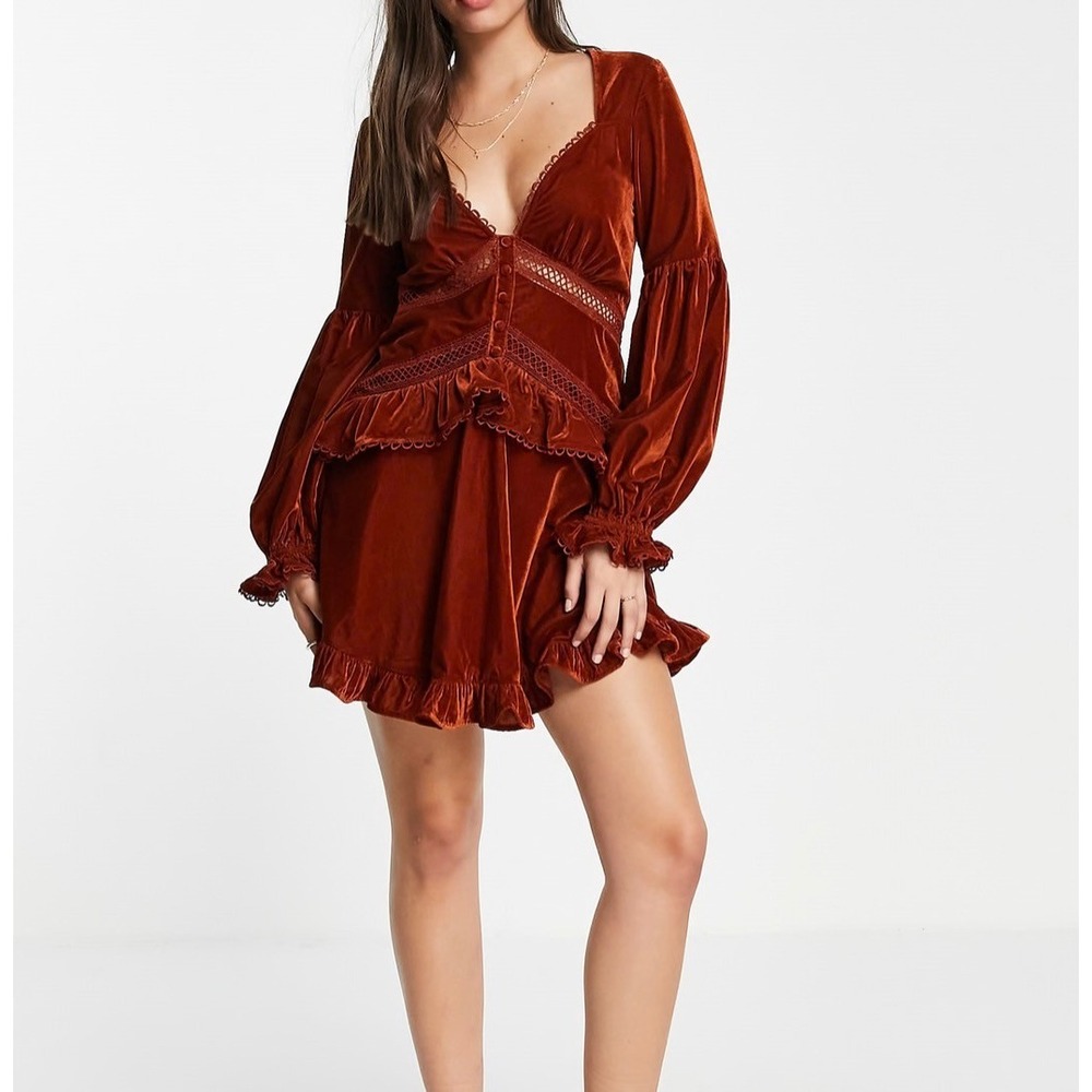 ASOS DESIGN Mini Dress Rust Velvet Boho Ruffle Lace Trim Victorian Womens 12